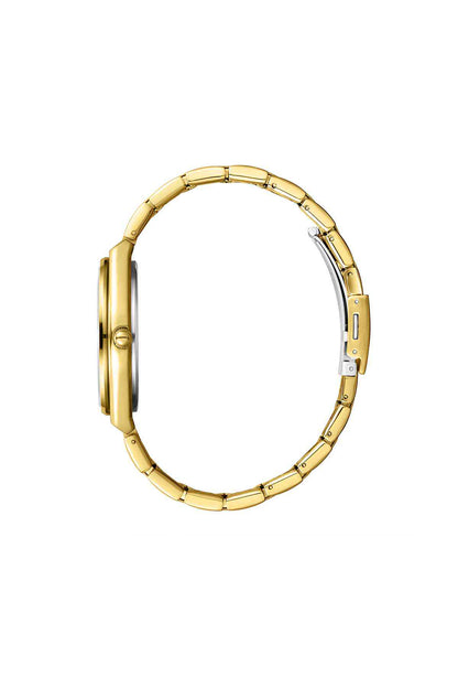 Gold analog wristwatch case and metal link bracelet, side profile