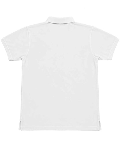 White polo shirt back view with ribbed collar and short sleeves