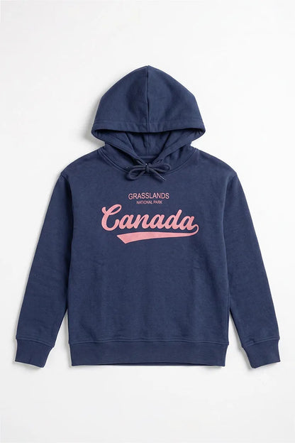Navy kids pullover hoodie with drawstring hood, Canada graphic, and front pouch