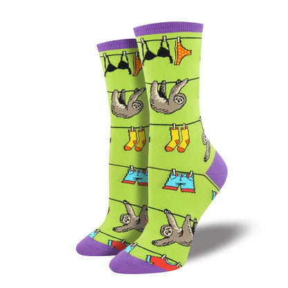 Lime green novelty crew socks with purple cuffs and sloth and shoe graphic prints