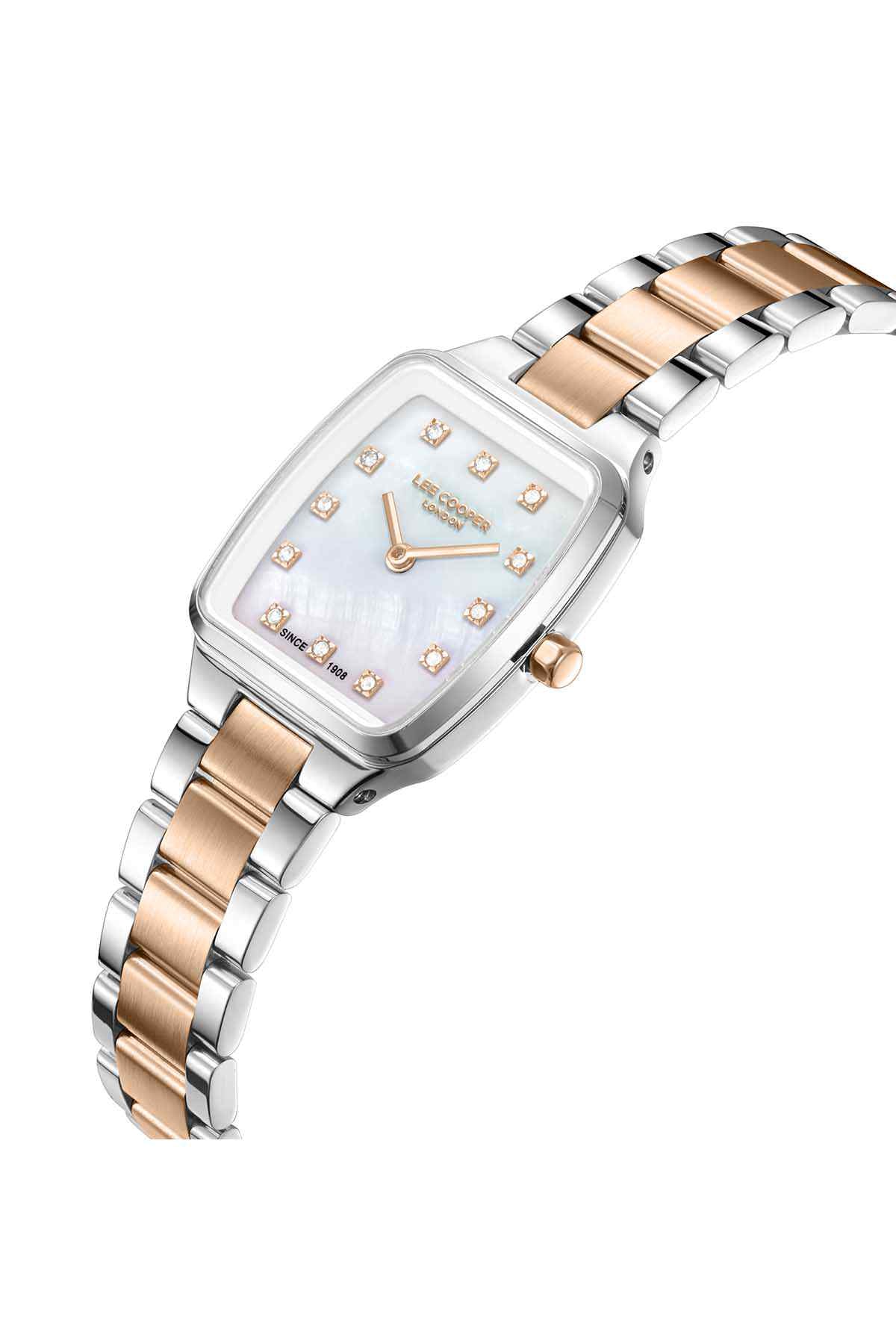 Angled silver and rose gold wristwatch with light patterned face and gold-tone hands