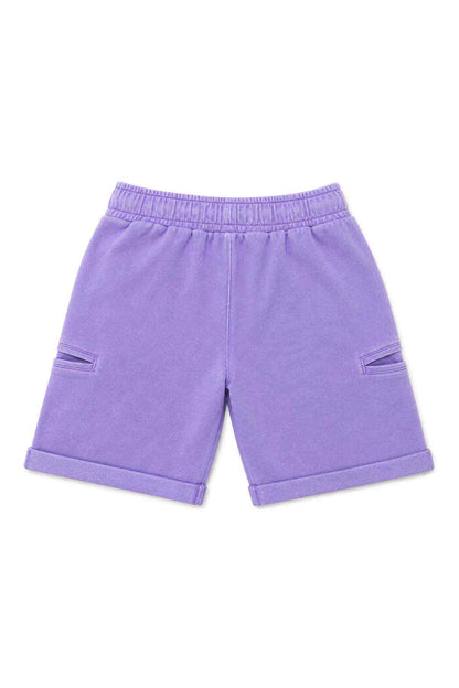 Purple kids' shorts with elastic waistband and side pockets, straight hem