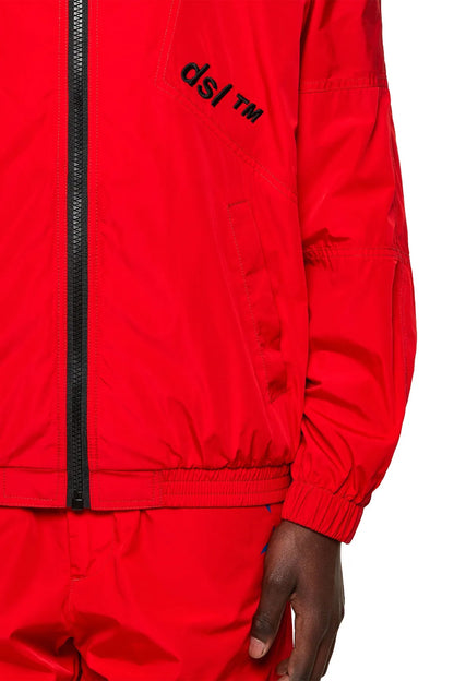 Diesel red jacket sleeve with diagonal logo, ribbed cuff and black zipper