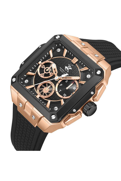 Rose-gold sports watch with black bezel and textured black rubber strap