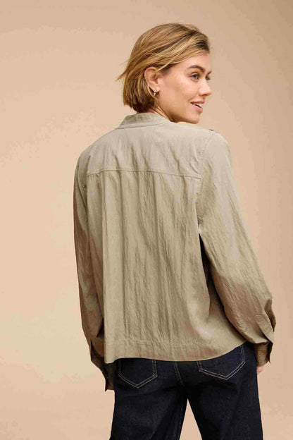 Khaki green utility jacket back view with button placket and button cuffs