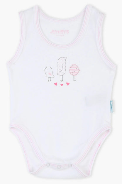 BABYSHOP baby bodysuit, sleeveless white with pink trim and bird/heart graphic