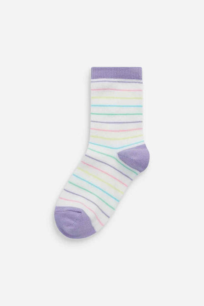 Pastel striped crew sock with purple heel and toe