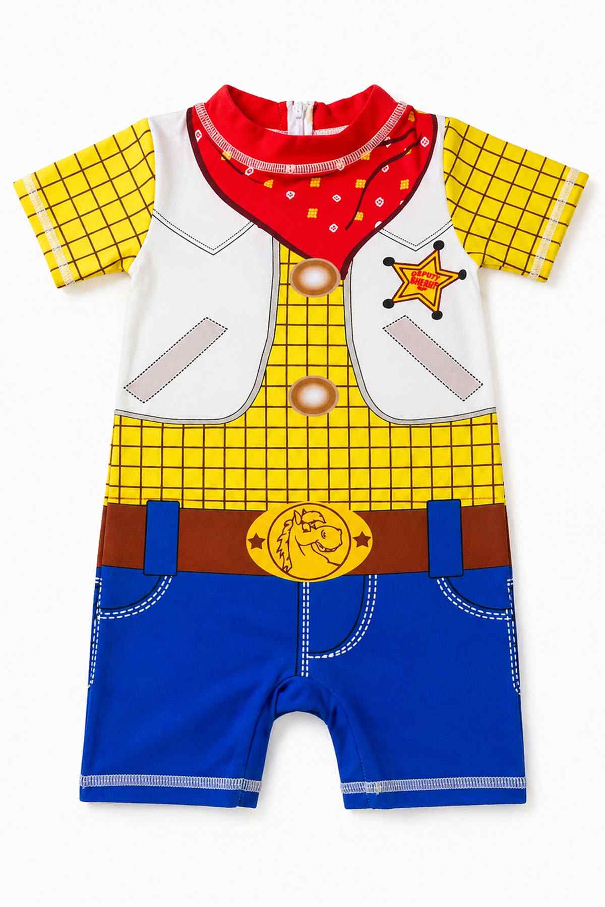 BABYSHOP baby playsuit with white vest, red band collar, yellow checkered top, blue shorts
