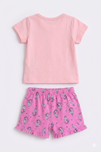 BABYSHOP pink plain-back tee and pink heart-print ruffle skirt set, elastic waist