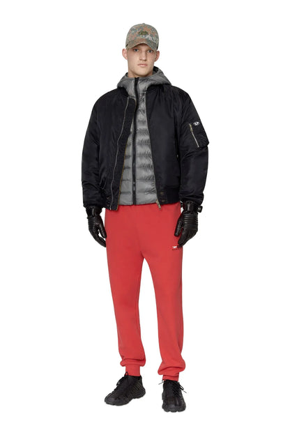 Diesel black bomber jacket with full-zip front, ribbed hem, side pockets.