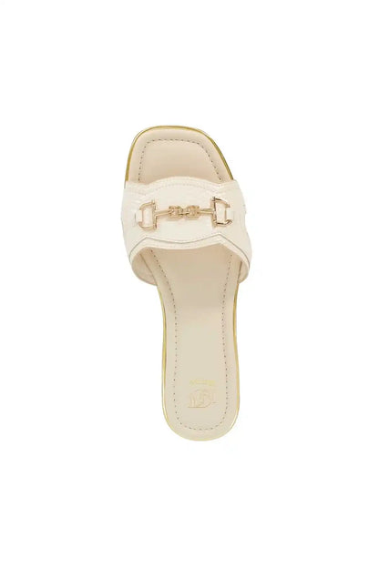Ecru leather slide sandal with gold buckle detail and open toe