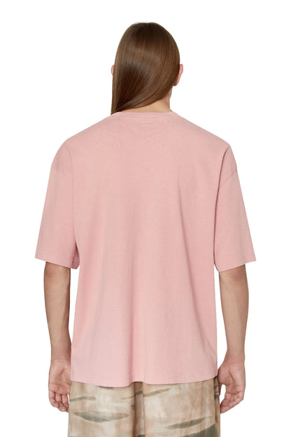 Pink crewneck T-shirt back view with short sleeves, plain back