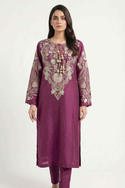 Plum long tunic with gold-toned embroidered front panel and tassel detail.