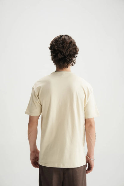 Beige crew-neck T-shirt, back view with short sleeves