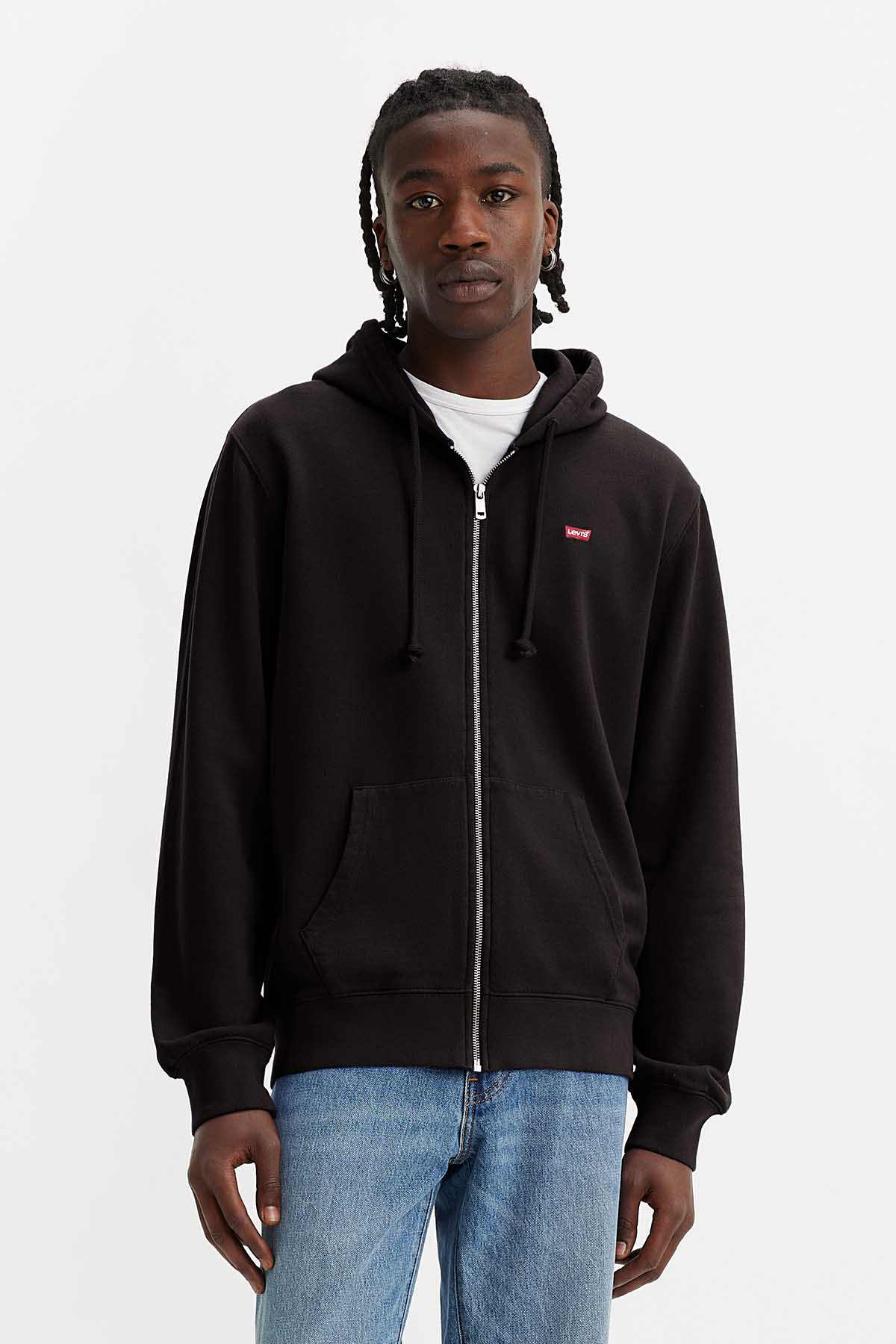 Black zip-up hoodie with hood and front zipper, small Levi's logo at chest