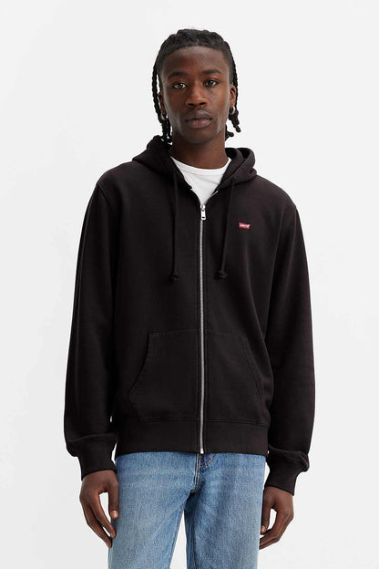 Black zip-up hoodie with hood and front zipper, small Levi's logo at chest