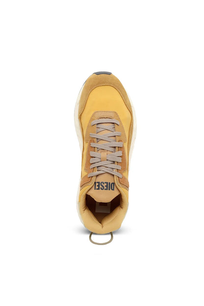 Diesel tan lace-up sneakers with brown insole and stitched 'DIESEL' tongue