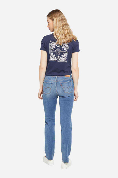 Navy graphic T-shirt with back print and light-blue denim jeans, slim fit