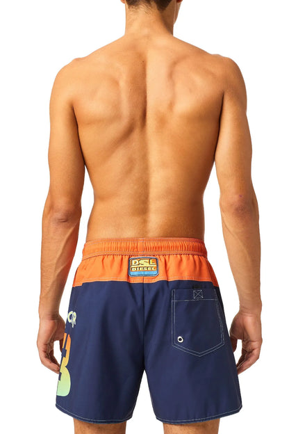 Men's blue swim shorts with orange waistband, back view, logo patch and rear pocket
