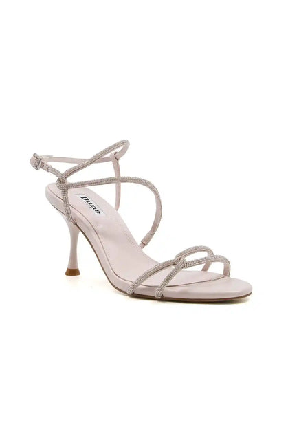 Ecru heeled strappy sandals with rhinestone-embellished T-strap and slim heel