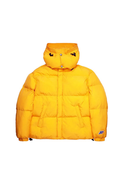 Yellow hooded puffer jacket with front buttons and small sleeve logo patch