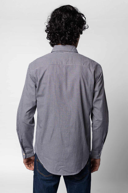 Gray long-sleeve button-up shirt, back view with yoke and front button placket