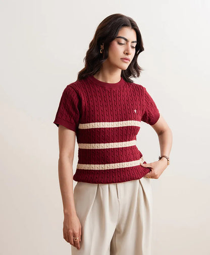 Red fitted knit crewneck top with short sleeves and cream striped bands, close fit