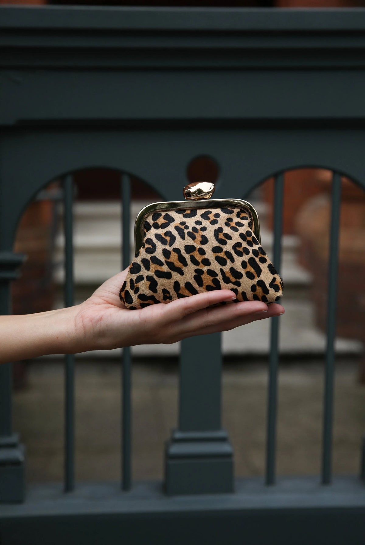 Leopard-print mini handbag held up, showing gold-tone top clasp