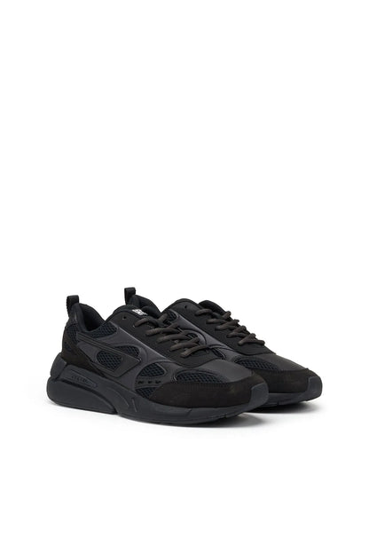 Black Diesel lace-up sneakers, front and side view with lace eyelets
