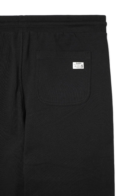 Black track pants with side pocket and small label patch on leg