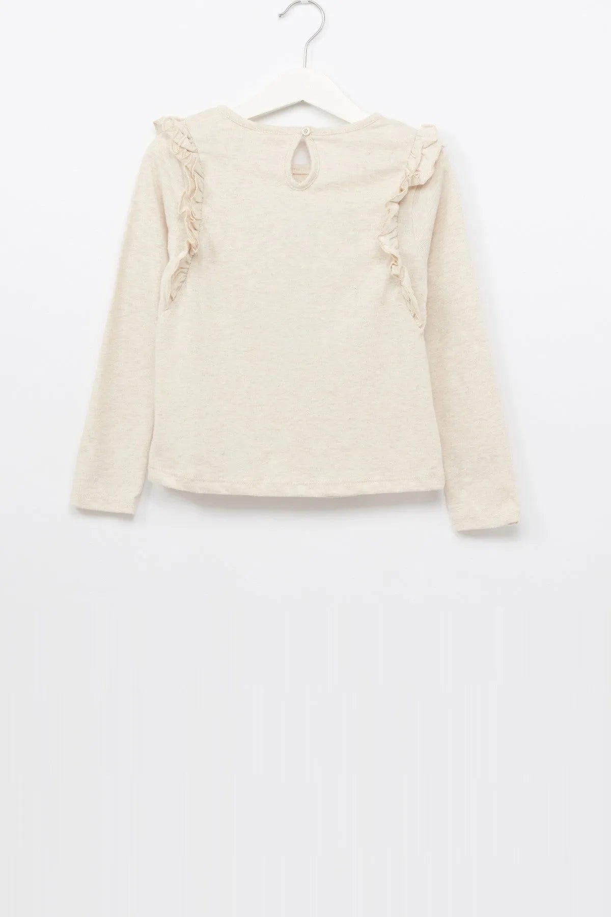 Cream long-sleeve baby top with ruffled neckline and shoulders, plain front