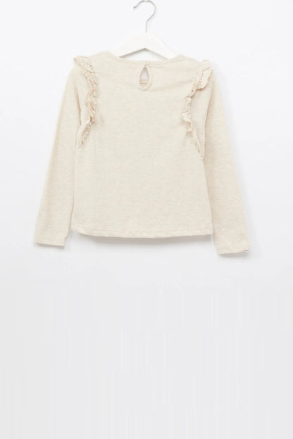 Cream long-sleeve baby top with ruffled neckline and shoulders, plain front