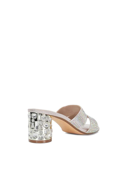 Rhinestone mule sandal with wide strap and chunky jeweled heel