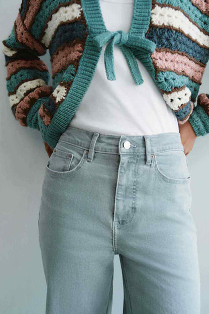 Light grey high-rise wide-leg jeans with belt loops and front button