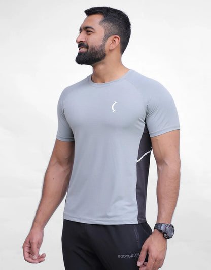 Bodybrics men's athletic t-shirt, light gray with black side panels and chest logo