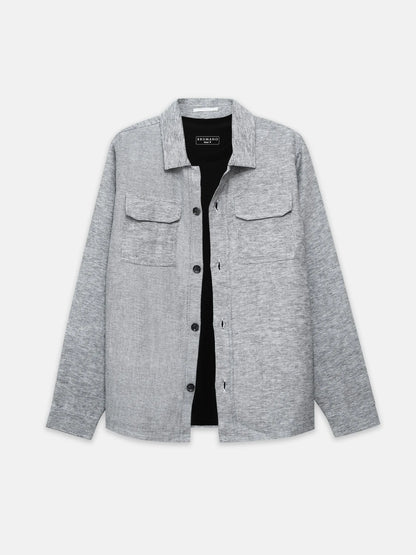 Grey long-sleeve button-up shirt with chest flap pockets, front view