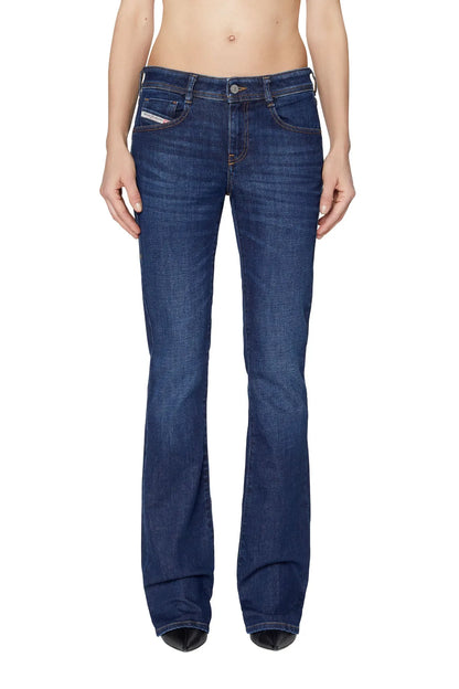 Diesel blue straight-leg jeans with button fly, front pockets, and belt loops