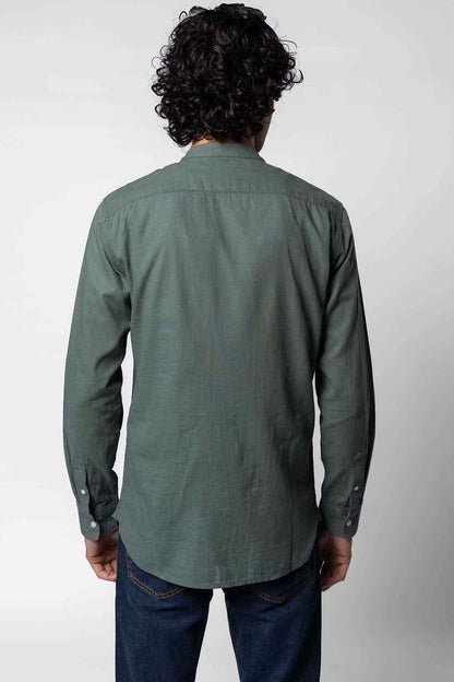 Men's green long-sleeve button-up shirt, back view