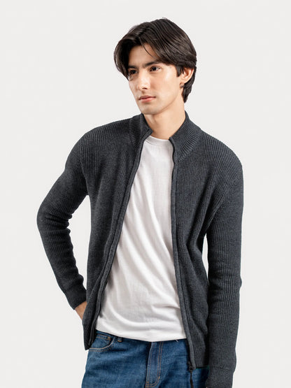 Charcoal cotton knit zip-front cardigan with ribbed trim