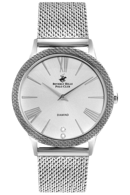 Silver metal mesh wristwatch with round dial, Roman numerals, diamond markers