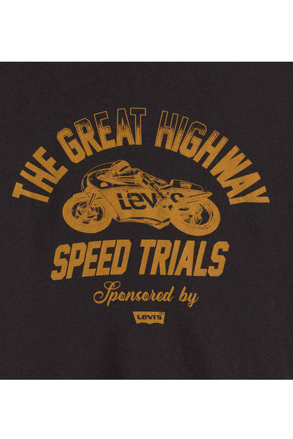 Black graphic T-shirt close-up of multicolor Speed Trials racing print with Levi's