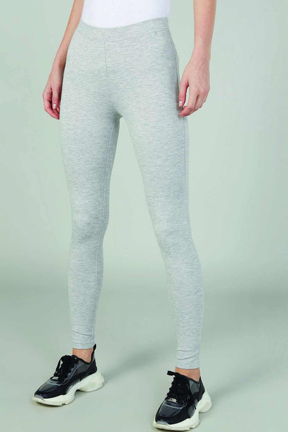 Heather grey full-length leggings with close fit and tapered leg seams