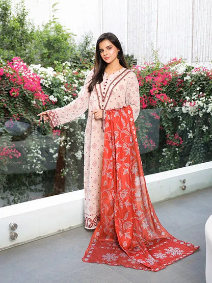 Nazmina printed maxi dress, beige with red contrast tie and long sleeves