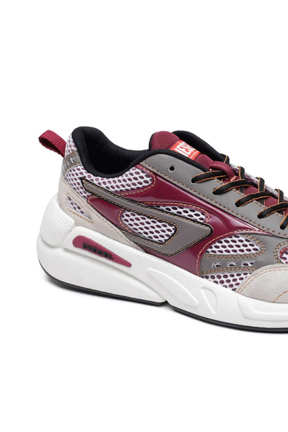 Off-white, burgundy and gray lace-up sneakers with mesh panels and padded collar