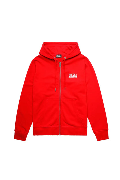 Diesel red zip-up hoodie with drawstring hood and zip front, ribbed cuffs and hem