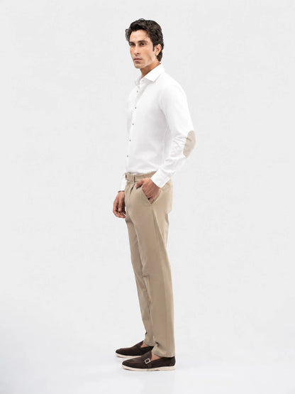 Men's white cotton button-up dress shirt with collar and long sleeves