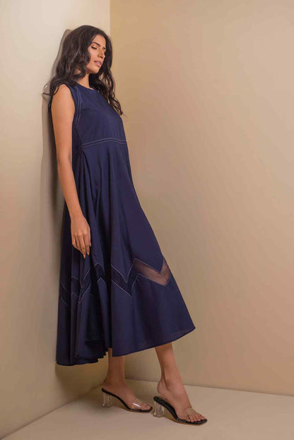 Blue sleeveless velour midi dress with angled zigzag hem panels