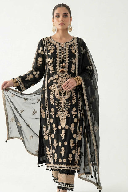Black embroidered kurta with gold details and long sheer dupatta with gold motifs