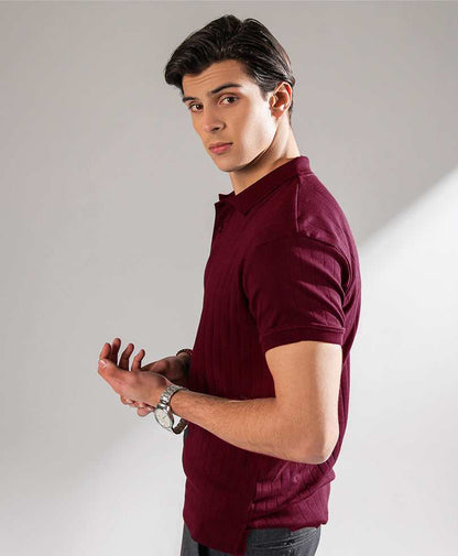 Men's maroon fitted polo shirt with button collar, short sleeves
