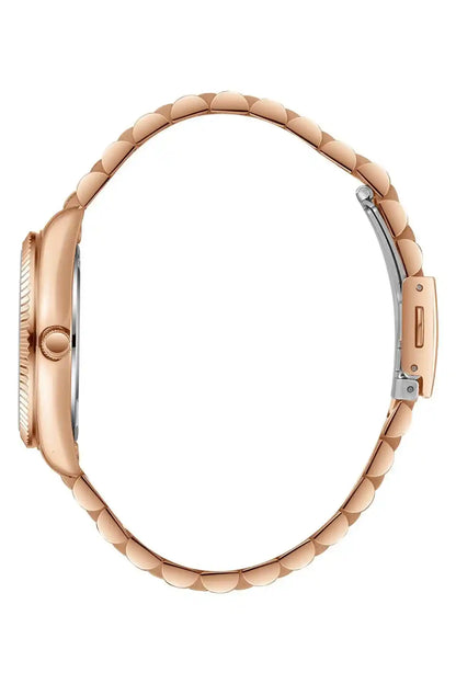 Rose gold wristwatch side view with curved case and metal link bracelet